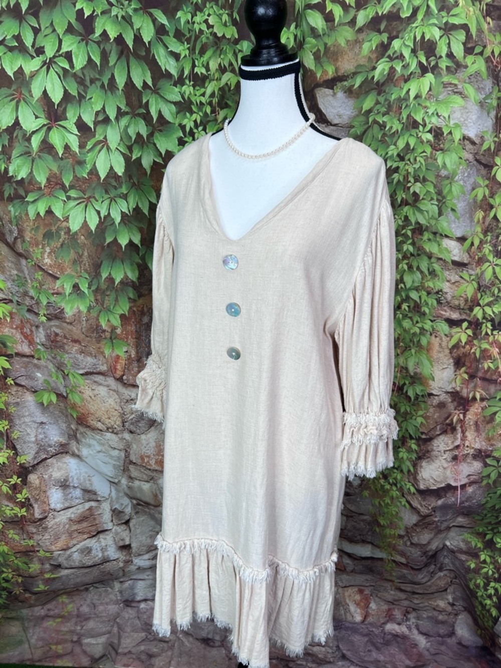 MAZIK Linen Blend Fringed Ruffle Trim Quiet Luxury Shift Dress, L - Picture 5 of 11